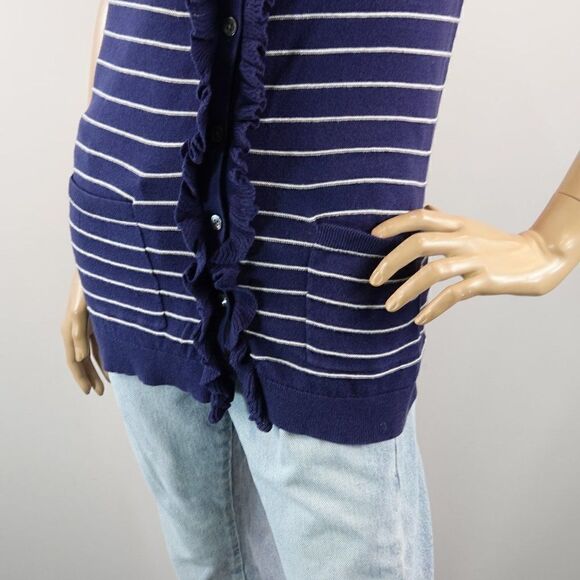 Gap Knit Top Navy Blue White Pinstripe Button Front Short Sleeve Tunic Womens M - Picture 8 of 10